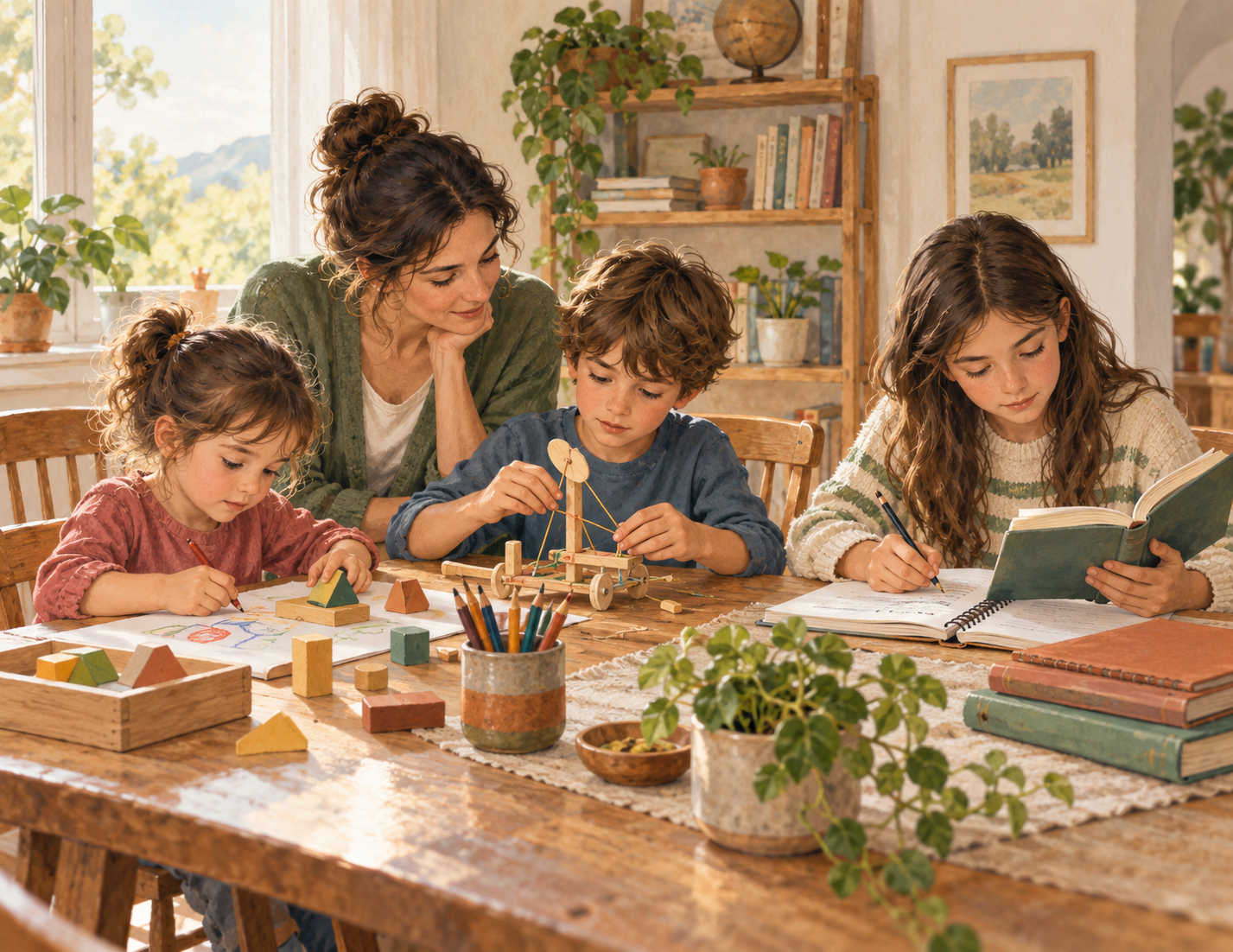 Ilustración de tres niños de diferentes edades aprendiendo en casa con una adulta.