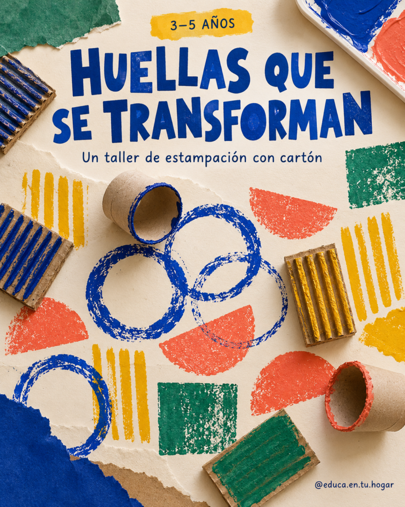 Ilustración conceptual de sellos de cartón y estampaciones azules, coral, verdes y amarillas sobre papel crema.