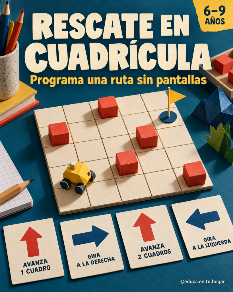 Ilustración conceptual de un tablero de cartón con vehículo amarillo, obstáculos rojos, bandera y tarjetas de instrucciones.