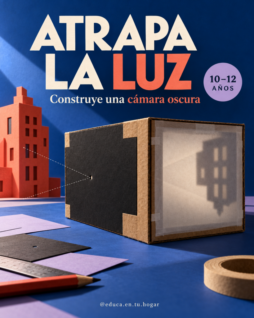 Ilustración conceptual de una cámara oscura de cartón con un edificio de papel y una imagen invertida en una pantalla translúcida.