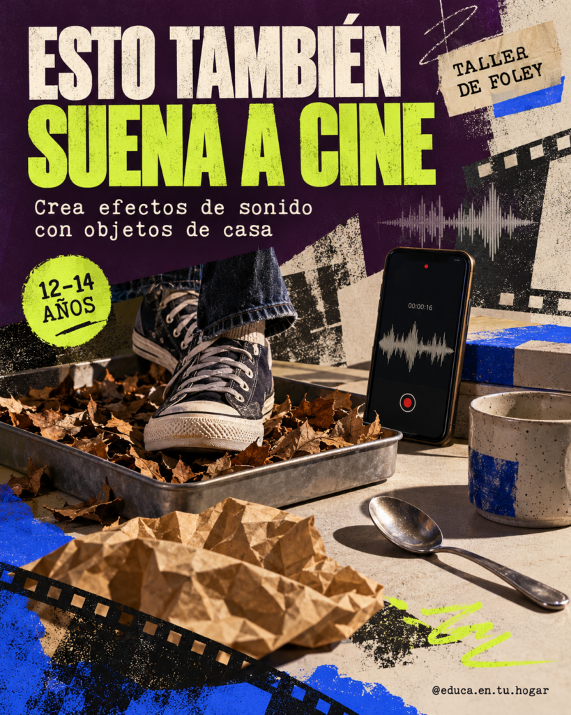 Ilustración conceptual de un taller de foley con zapatillas sobre hojas secas, teléfono grabando, papel, taza y cuchara.