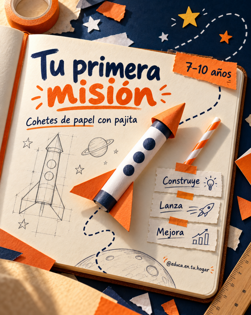 Ilustración creada con IA de un cohete de papel sobre un cuaderno de misión, con una pajita y bocetos.