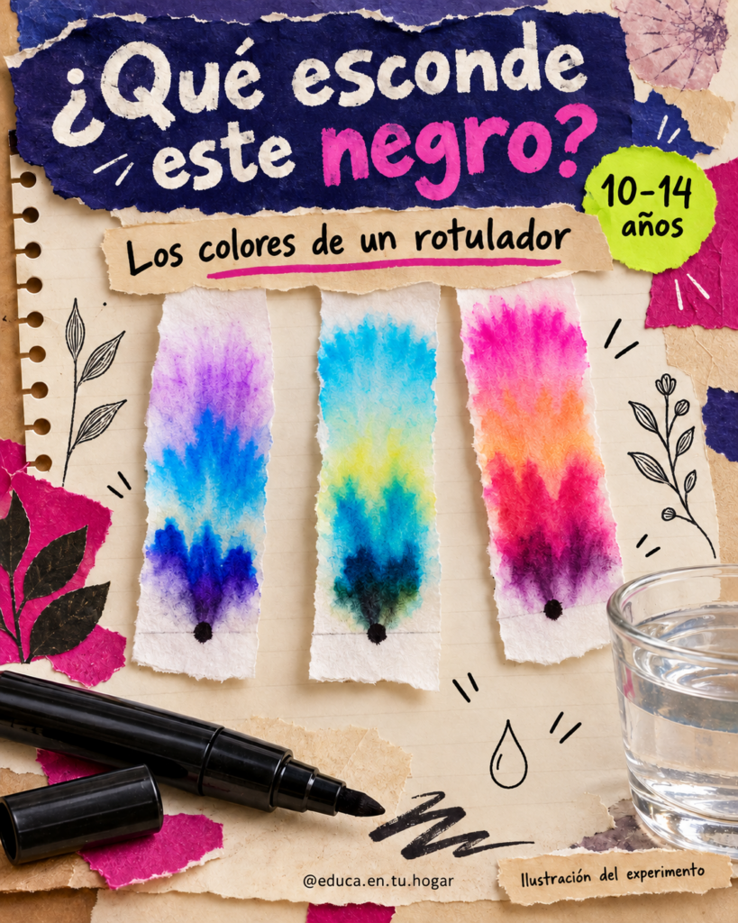 Ilustración conceptual creada con IA de tintas separadas sobre papel; no representa resultados reales de un experimento.
