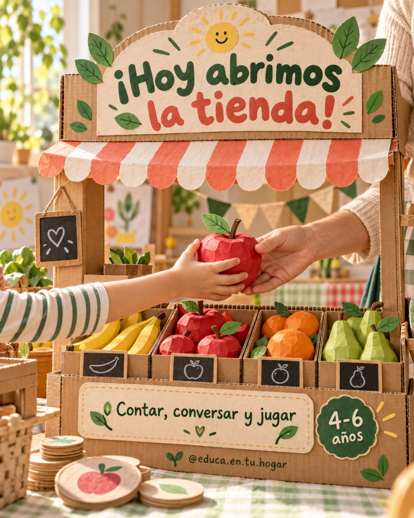 Ilustración creada con IA de una tienda de cartón con frutas de papel y fichas grandes.